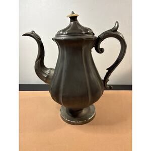 Primitive Antique Pewter Metal Teapot Hinged Lid Pearl Flower Top 12.5" x 9"
